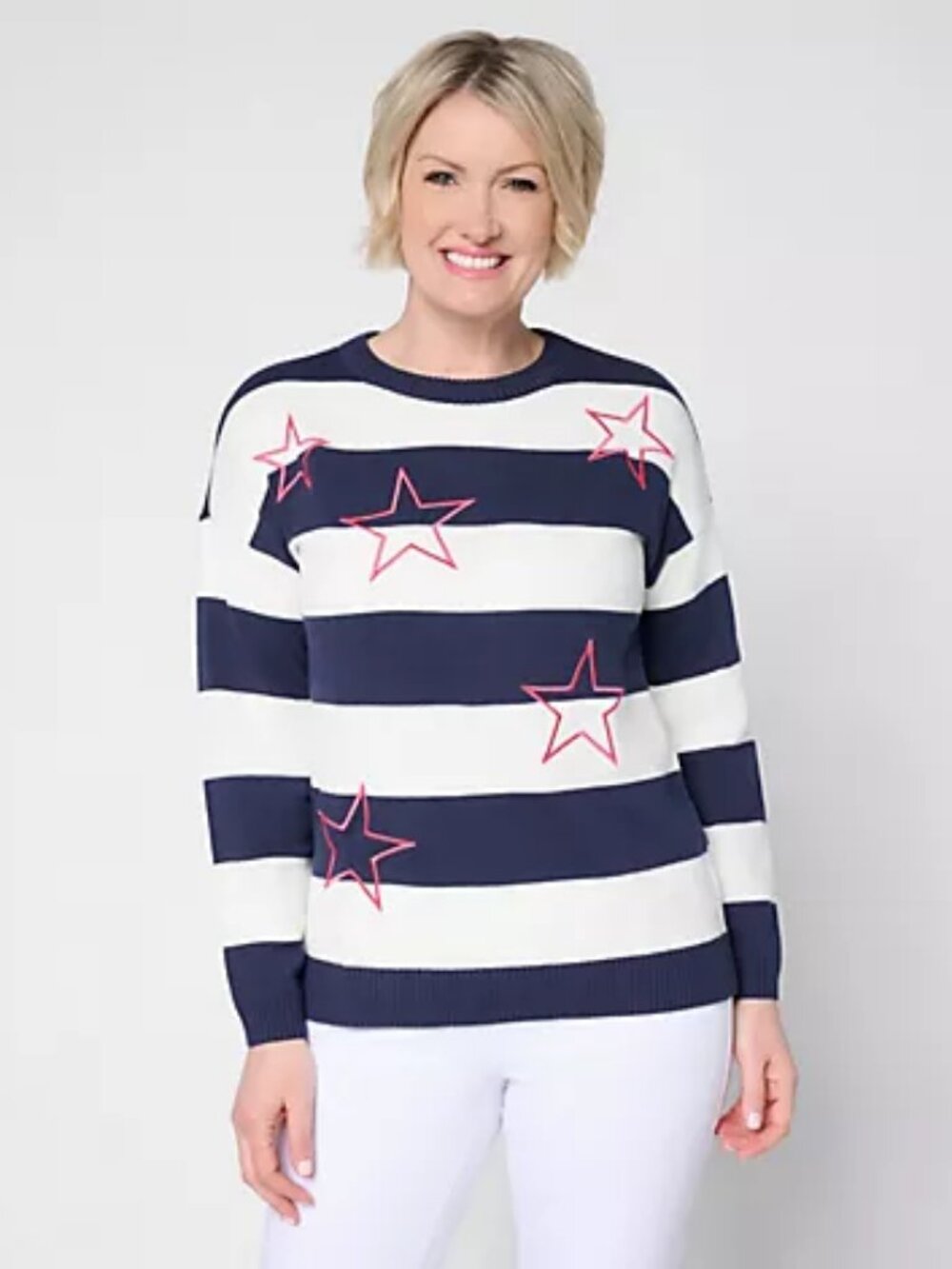 Belles by Kim Gravel Stars and Stripes Summer Sweater, Twilight Sz S a724086